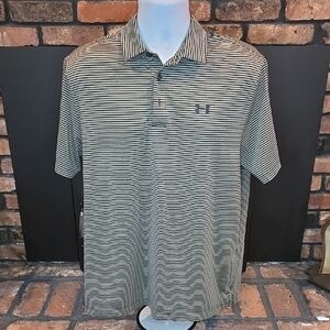 Under Armour Men's Polo Shirt - Green With Black Stripes, Large